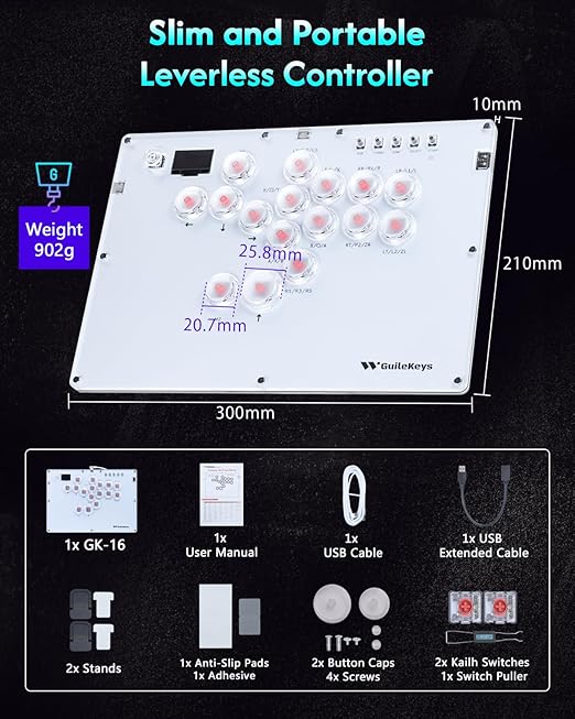 GuileKeys Leverless Controller Arcade Stick GK-16, All-Button Arcade Controller with Multi-function Button for PS4/PS3/PC/Switch, Arcade Fight Stick with RGB/Turbo/Hot-Swap/Custom Top Plate DIY White