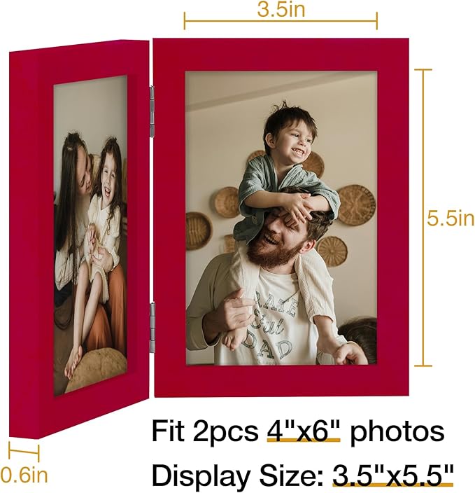decorUhome Double 4x6 Picture Frame Vertical, Engineered Wood Bifold Photo Frame with Plexiglass for Tabletop Display, 4x6, Red