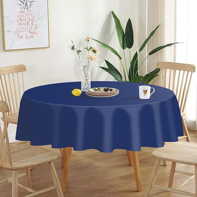 QIKSION Navy Blue Round Tablecloth 2 Pack, 84 Inch Plastic Table Cover Disposable for Parties