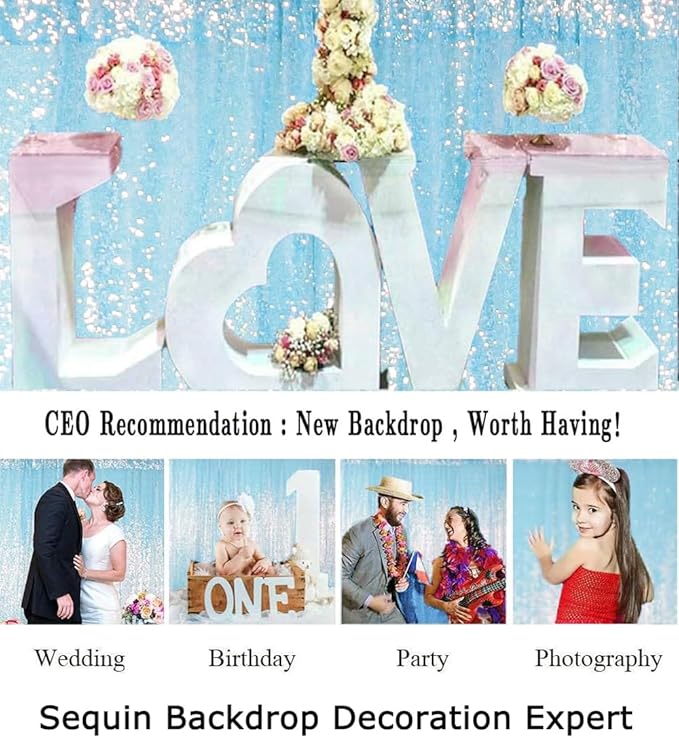 ShinyBeauty Aqua Photo Backdrop - 7FTx7FT Sequin Sparkle Iridescent Mermaid Fabric Photograph Aqua Blue Birthday Wedding Background