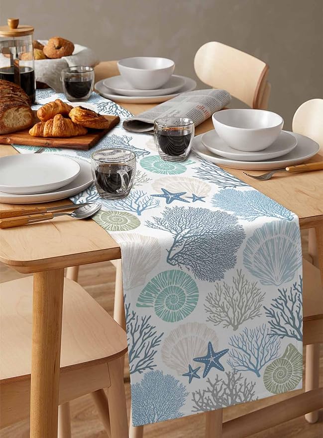 Coastal Coral Cotton Linen Table Runner for Dining Kitchen, Wedding Outdoor Party Tablerunners Decoration, Blue Nautical Starfish Ocean Shell Beach Dresser Scarf Coffee Tablecloth Runners 13x90 Inches