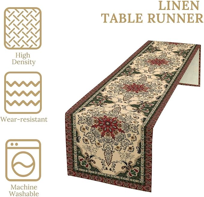 Vintage Paisley Bohemian Table Runner Beige Red Rustic Farmhouse Home Kitchen Table Dining Coffee Room Garden Party Wedding Decor 13x72in