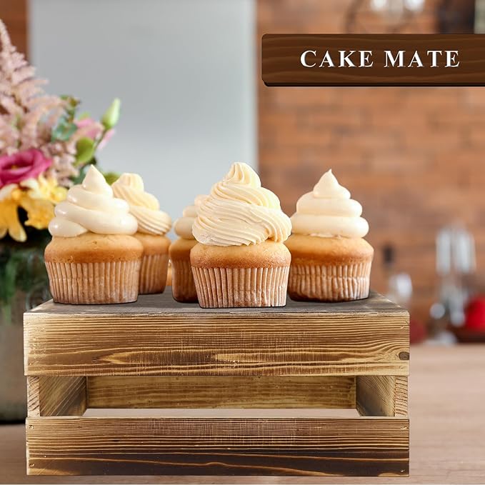 Sieral 4 Pieces Wood Cupcake Display Stand Decorative Dessert Appetizer Cake Stand Risers Wooden Crate Rustic Cake Risers for Storage for Party Christmas Halloween Wedding Decor(Rustic Dark Brown)