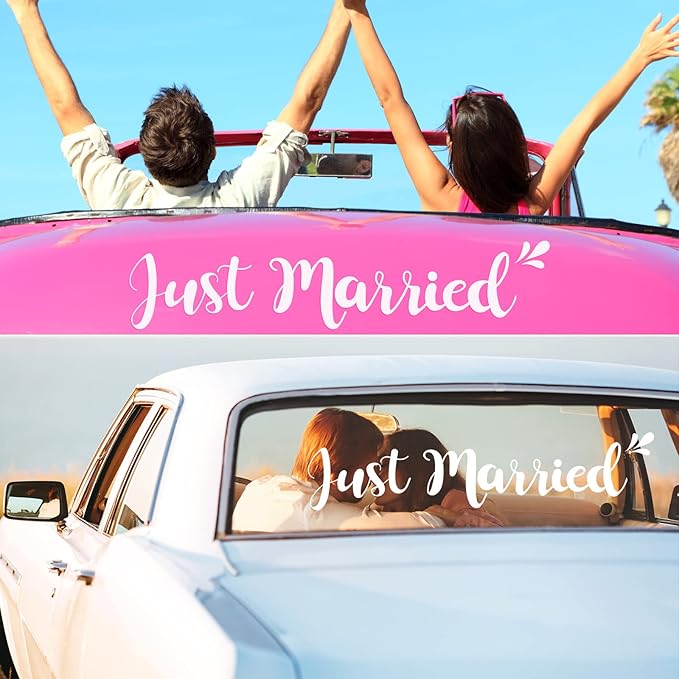 Tallew 4 Sets Just Married Car Decorations Ornate Magnets 12 x 7.5, Wedding Day Car Window Decals 5.1 x 22.4, Just Married Sign Banner Decorations for Honeymoon Wedding