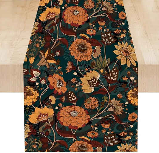 Orange Boho Floral Table Runner, Vintage Bohemian Home Kitchen Table Decoration for Birthday Party Picnic Decoration 13x60 Inch 1PCS