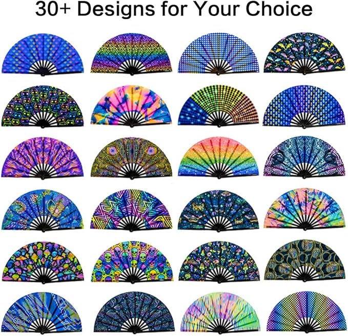UV Glow Rave Fan, Bamboo Folding Clack Hand Fan for Men Women (Multicolored Bats, Large 13")