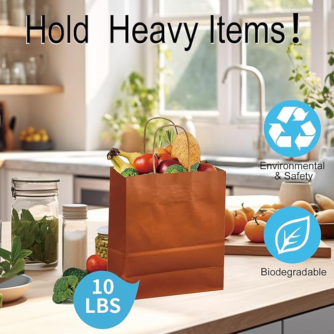 BAG BOX 100 Pack 8.25x4.3x10.6 Inch Orange Gift Bags with Handles,Bulk Kraft Paper Bags for Shopping, Retail, Merchandise, Wedding, Party Favors, Paper Grocery Sacks
