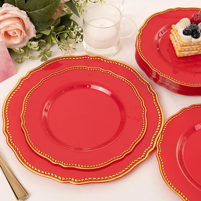 Hioasis 60pcs Red Plastic Plates - Red and Gold Disposable Dinnerware with Gold Rim, Heavy-duty, 7.5 inch, Dessert Plates for Party & Wedding