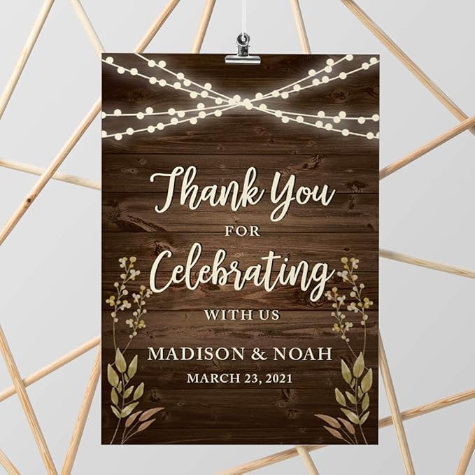 Andaz Press Personalized Extra Large Wedding Easel Party Sign, 12x18-inch, Rustic Wood with Hanging Ball Lights and Florals, Thank You for Celebrating With Us Bride Groom Name Date, 1-Pack, Custom