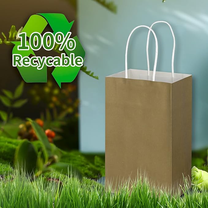Toovip 50 Pack 5.25x3.25x8.25 Inch Small Gold Kraft Paper Bags with Handles Bulk, Gift Wrap Bags for Favor Grocery Retail Party Birthday Shopping Business Goody Craft Merchandise Take Out Cub Sacks