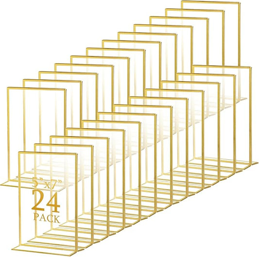 Hoteam 24 Pack 5 x 7 Clear Acrylic Sign Holder with Gold Borders, Gold Picture Frame, Double Sided Wedding Table Number, Acrylic Menu Stands for Wedding Table, Restaurant Sign, Photos Display