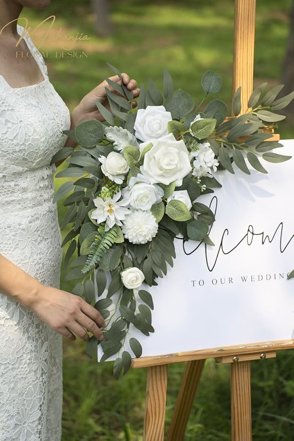 Wedding Sign Faux Flower Swag (Pack of 2) for Ceremony Party Reception Entrance Floral Decor Wall Easel Stand for Wedding Poster Welcome Sign (Natural White)