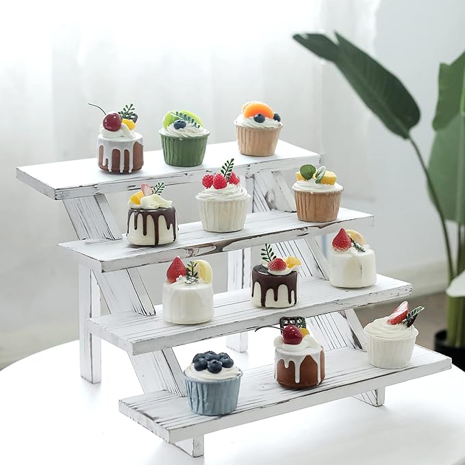 SwallowLiving Wooden Rustic Cupcake Stand for 24 Cupcakes, Stepped Wood Display Stand for Weddings, Tiered Party Table Display Riser for Food , Dessert, Cookie, Decor, Craft Show, White
