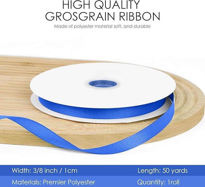 50 Yards 3/8 inch Grosgrain Ribbon, Solid Color Fabric Ribbon Perfect for Gift Wrapping, Wedding, Handmade Bows, Floral Bouquets and Party Decoration(Royal Blue)