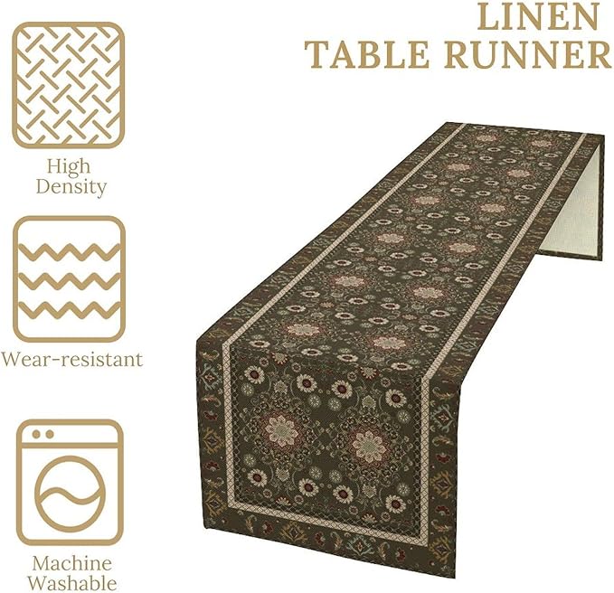 Vintage Boho Floral Table Runner, Rustic Country Farmhouse Brown Bohemia Flower Pattern for Home Kitchen Table Decor Dining Coffee Room Party Decor 13x60in