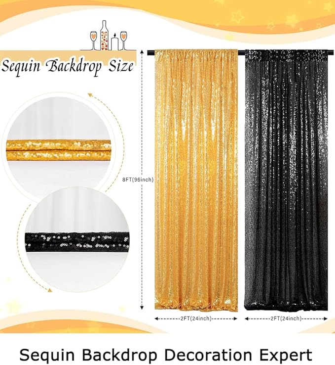 ShinyBeauty Gold and Black Backdrop 2FTx8FT Sequin-Backdrop 4Pieces Photograph Backdrops Sparkle Curtain Panels Black Sequin Curtains Glitter Background for Wedding/Graduation Halloween Decor