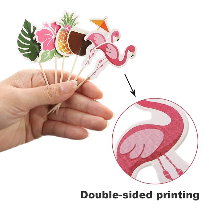 Luau Cupcake Toppers Tropical Cake Decorations Hawaiian Toothpicks Sticks with Flamingo Pineapple Palm Leaves Shape Picks for Summer Beach Theme Party Favors Supplies, 6 Styles (72)