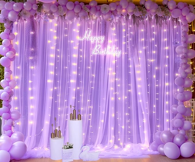 Lavender Sheer Backdrop Curtain with Led Lights for Baby Shower Girls Wedding10ft X 10ft Lavender Tulle Backdrop Curtain for Bridal Shower Birthday Party Photoshoot Arch Background Decorations