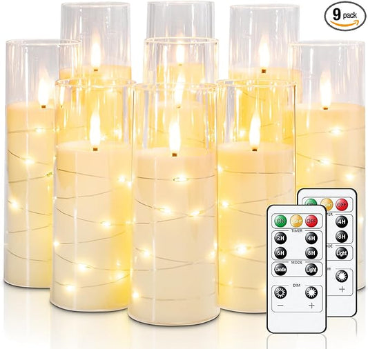 Raycare Flameless Candle with Remote Timer – 9 Flickering Acrylic Battery Operated LED Pillar Candles with Embedded Star String for Halloween, Home Decor, and as a Gift (Ivory)