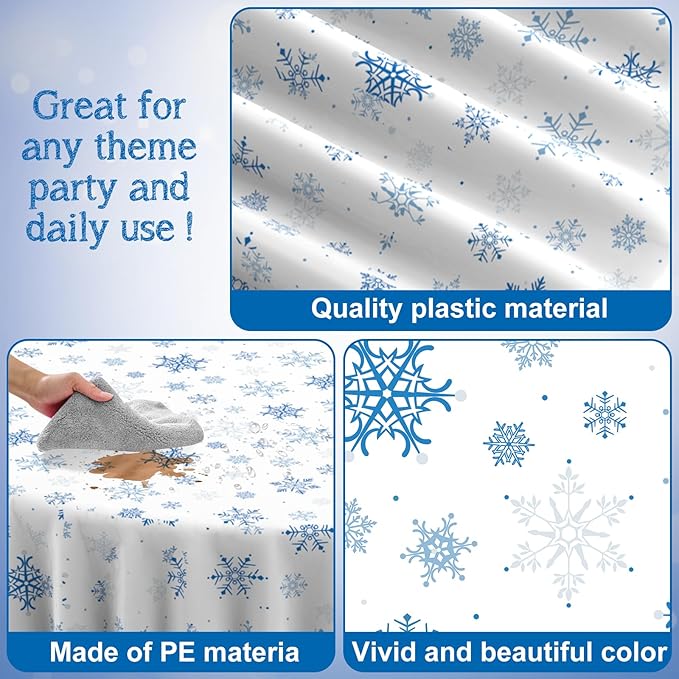 6 Pieces Christmas Snowflake Plastic Party Tablecloth Decorations,Disposable Blue Snowflake White Xmas Round Table Cover Backdrop for Winter Christmas Holiday Party Supplies,84 inch (Blue White)