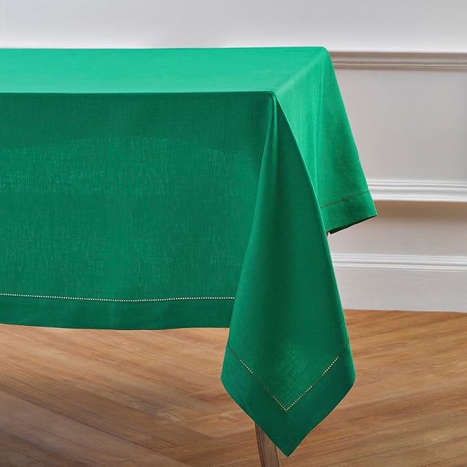 Solino Home Linen Tablecloth 60 x 90 Inch - Classic Hemstitch 100% Pure Linen Emerald Green Table Cloth for Rectangle Tables - Machine Washable Tablecloth for Christmas
