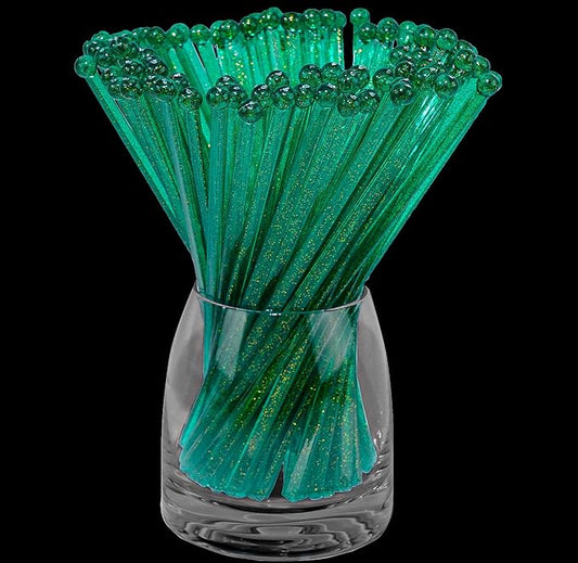 50-PCS Christmas Green Glitter Plastic Swizzle Sticks, Crystal Cake Pops, Cocktail Coffee Drink Stirrers, Stir Sticks for Christmas Party, 7.24 Inch
