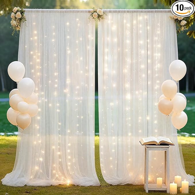 Ledido 10×8ft Tulle Backdrop Curtains with Lights String - 300LED Fairy Lights Sheer Curtain Backdrop for Weddings Baby Shower and Birthday Party Decorations(8 Panels 5×8ft)