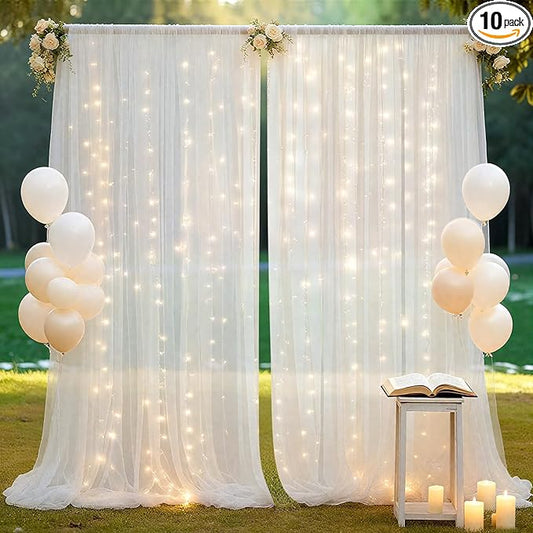 Ledido 10×8ft Tulle Backdrop Curtains with Lights String - 300LED Fairy Lights Sheer Curtain Backdrop for Weddings Baby Shower and Birthday Party Decorations(8 Panels 5×8ft)