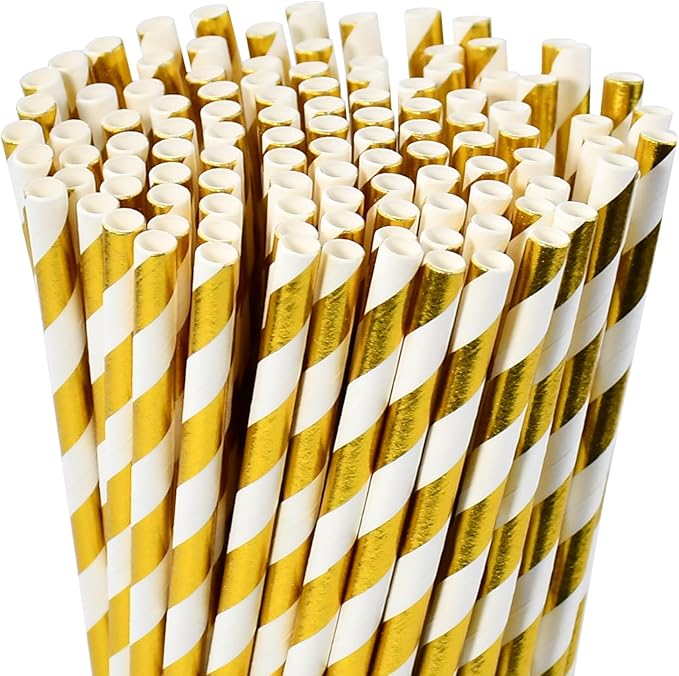 7.75 inch Gold/White Striped Paper Straws for Drinking 100 Counts for Bar, Restaurant, Wedding, Party - Unwrapped