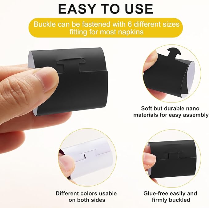 Polymer Material Reusable Napkin Band, Glue-Free Tear-Proof Water Resistant Oil-Proof Napkin Bands Set of 100(Front Black Color and Back White), 6 Adjustable Sizes Napkin Rings