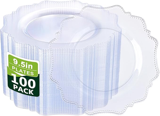 COLOSUS 100pcs 9.5 Inch Clear Plastic Plates,Heavy Duty Disposable Dinner Plates,Fancy clear Plates,Premium Plastic Dinner Plates for Party,Wedding and Everyday Use