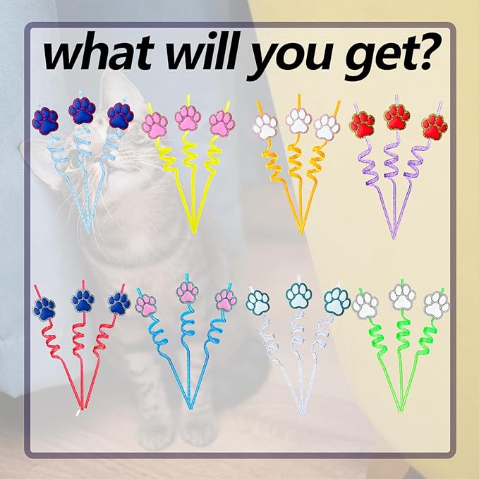 24 Glitter Paw Glitter Straws Birthday Party Decorations With 2pc Cleaning Brush for Pet Dog Puppy Pals Cat Birthday Party Decorations Supply Favors Reusable Straws