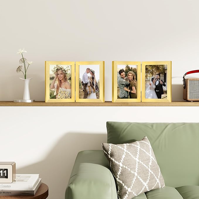 decorUhome Double 5x7 Picture Frame Vertical, Engineered Wood Bifold Photo Frame with Plexiglass for Tabletop Display, 5x7, Gold