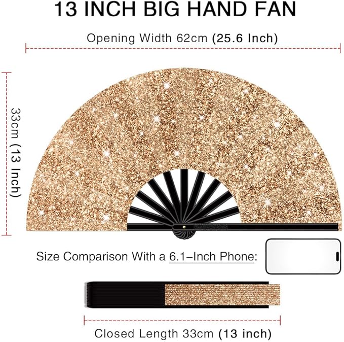 13" Large Folding Rave Fan with Holster, Clack Hand Fans Foldable for Line Dancing, Boots On The Ground Fan for Women Men Festival EDM Party Decoration, Glitter Champagne