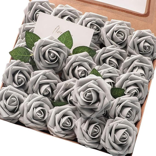 Floroom Artificial Flowers 50pcs Real Looking Silver Grey Foam Fake Roses with Stems for DIY Wedding Bouquets Bridal Shower Centerpieces Floral Arrangements Party Tables Home Decorations