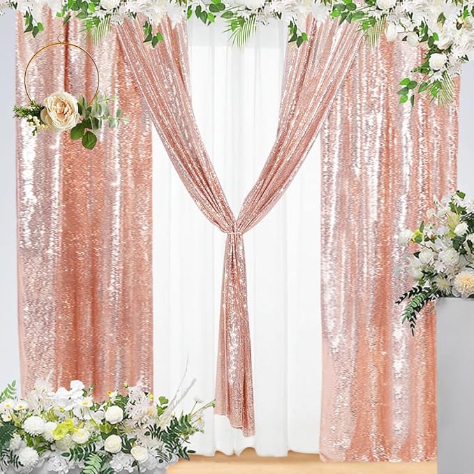 Eternal Beauty Rose Gold Sequin Backdrop Curtains, Valentine's Day Shimmer Back Drop 2Panels-2FTx8FT for Christmas, Party, Birthday, Photography, Wedding, Baby Shower Event Decoration