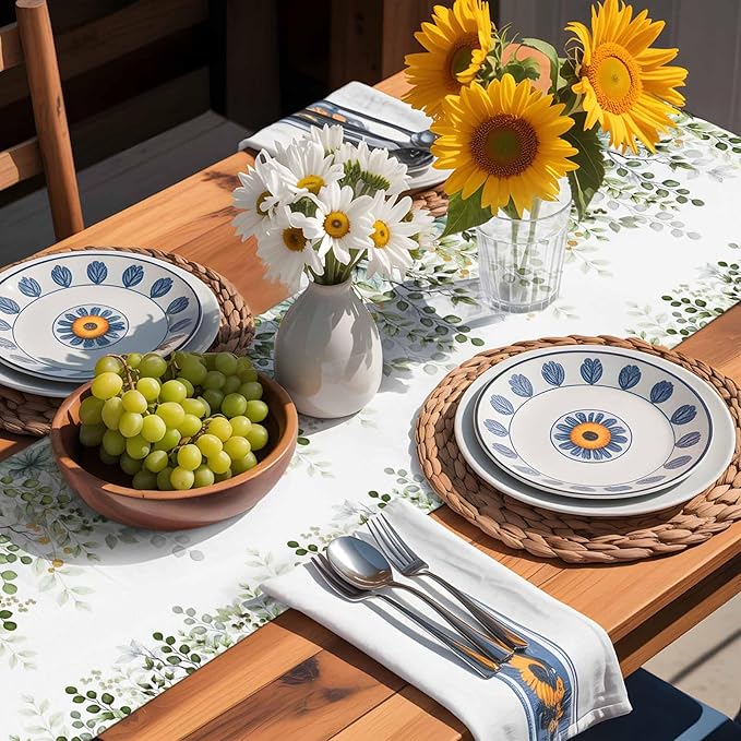 Sage Green Eucalyptus Cotton Linen Table Runner for Dining Kitchen, Farmhouse Leaves Wedding Outdoor Party Tablerunners Decoration Botanical Floral Dresser Scarf Coffee Tablecloth Runners 13x72 Inches
