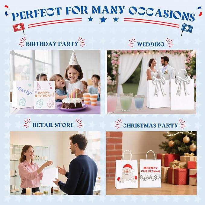 MESHA Gift Paper Bags 300 PACK 8x4.25x10.5'' White Medium Shopping Kraft Bags Bulk with HandlesReusable for Business Grocery Birthday Wedding Kids Party Favors(Made in USA)