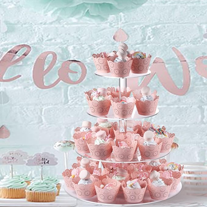 Boxalls Cupcake Stand, 4 Tier Round Acrylic Cupcake Display Stand Holder, Clear Dessert Pastry Tower for Wedding, Birthday, Theme Party, Baby Shower