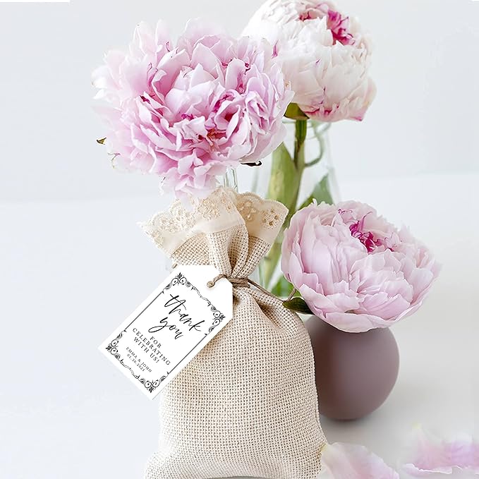 Andaz Press 100-Pack Personalized Thank You Tags with Bakers Twine Art Deco Custom Cardstock Gift Tags for Wedding Party Favors 2 x 3.75-Inches