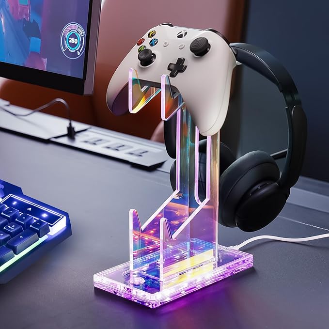 NiHome Iridescent LED Lighting Acrylic Multi-Tier Game Controller Holder & Headset Stand, USB-Powered 7 Colors & 3 Modes, Anti-Slip Gaming Accessories for Desktop, Cable Management (2 Tiers)