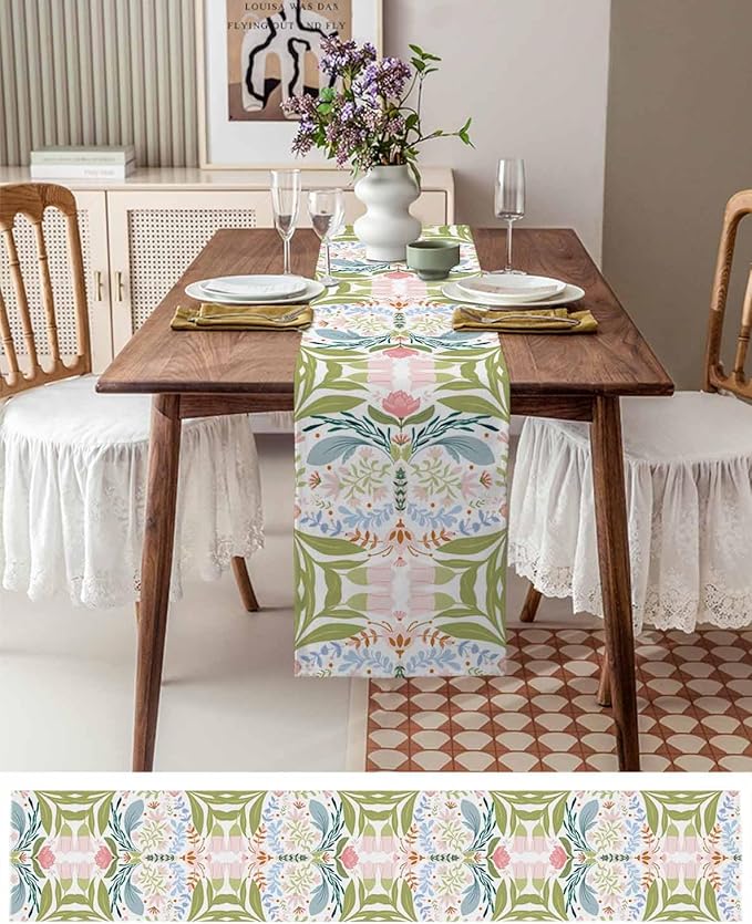 Green Blue Pink Boho Floral Cotton Linen Table Runner for Dining Kitchen, Wedding Outdoor Party Tablerunners Decoration, Retro Bohemian Botanical Dresser Scarf Coffee Tablecloth Runners 13x60 Inches