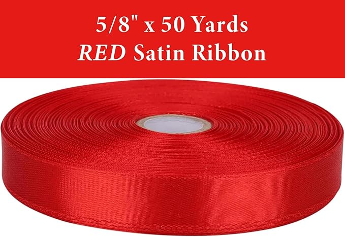 5/8 Inch Red Satin Ribbon 50 Yards Solid Fabric Ribbons for Gift Wrapping, Crafts and DIY Projects, Bows Making, Wedding, Party, Holiday Decor