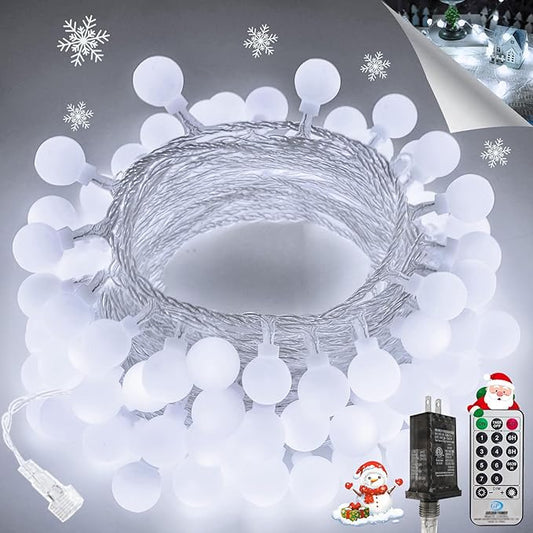 100LED Connectable String Lights Indoor Outdoor for Bedroom, 43ft White Christmas Lights with Remote & Timer, Plug in 8 Modes Waterproof Globe Fairy Light for Christmas Decor Room Classroom Wedding