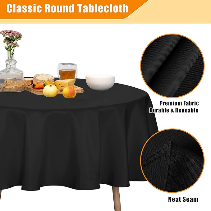 Fitable Black Round Tablecloth 70 inch, Stain and Wrinkle Resistant Washable Polyester Table Cloth for Dining Buffet Parties and Camping