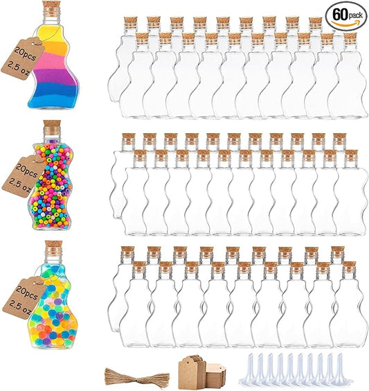 60 Pcs Plastic Sand Art Bottles with Corks and Funnels, 2.5 oz Clear Containers in 3 Styles for Wedding Invitations, Fun Crafts, DIY Projects, Party Decorations