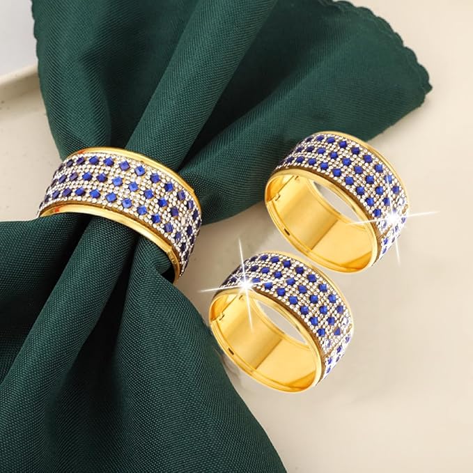 Rhinestone Napkin Ring Gold Napkin Rings Stainless Steel Blue Crystal Napkin Holder Set of 12 for Dinner, Wedding, Party, Holiday, Banquet,Everyday Table Setting Home Decor