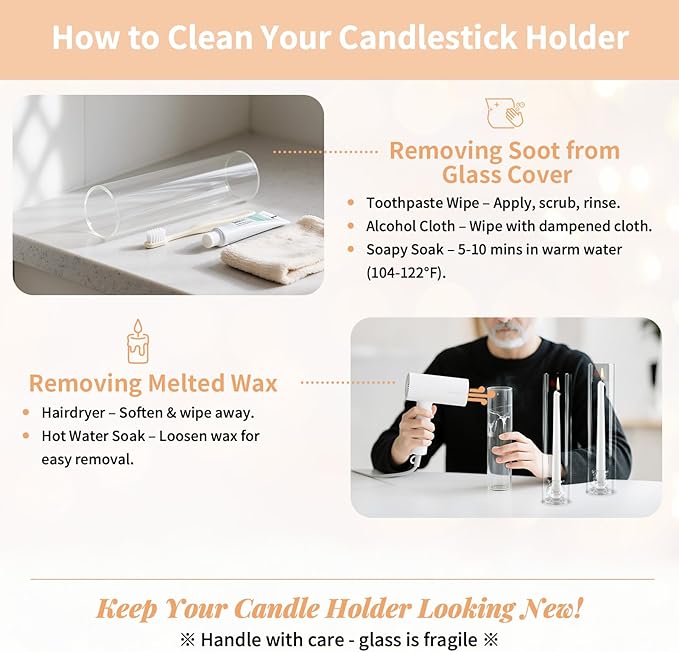NUPTIO Taper Candle Holders Glass: Set of 2 Clear Hurricane Candlestick Holder - Fluted Candles Stick Stand with Tall Windproof Cylinder Cover for Thanksgiving Christmas Decor