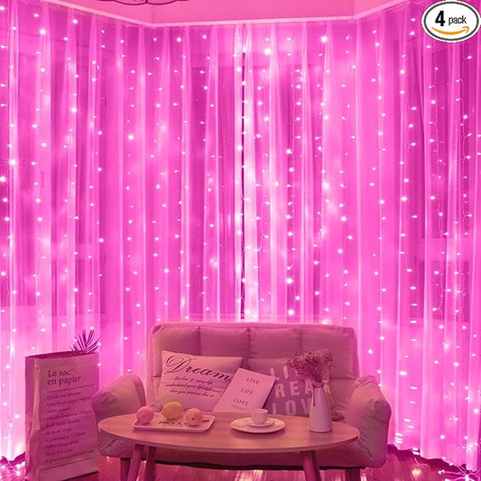 Brightown 300 LED Curtain Lights for Bedroom 9.8 FT Hanging Window Lights with Remote, Connectable, 8 Modes, Waterproof Fairy Lights for Outdoor Indoor Valentine's Day Christmas Holiday Party, Pink