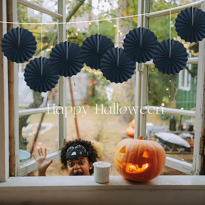 Black Party Decorations,Halloween Decor Events Accessories,Black Birthday Decorations,Anniversary Decorations for Party,Birthday Decorations for Men 12in Hanging Paper Fans 30 Color DIY Set(Black)